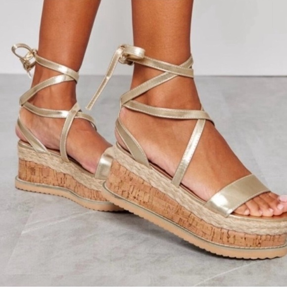 Gold Metallic Cork Platform Sandals Tie Strappy PrettyLittleThing Size 10 - Picture 3 of 12
